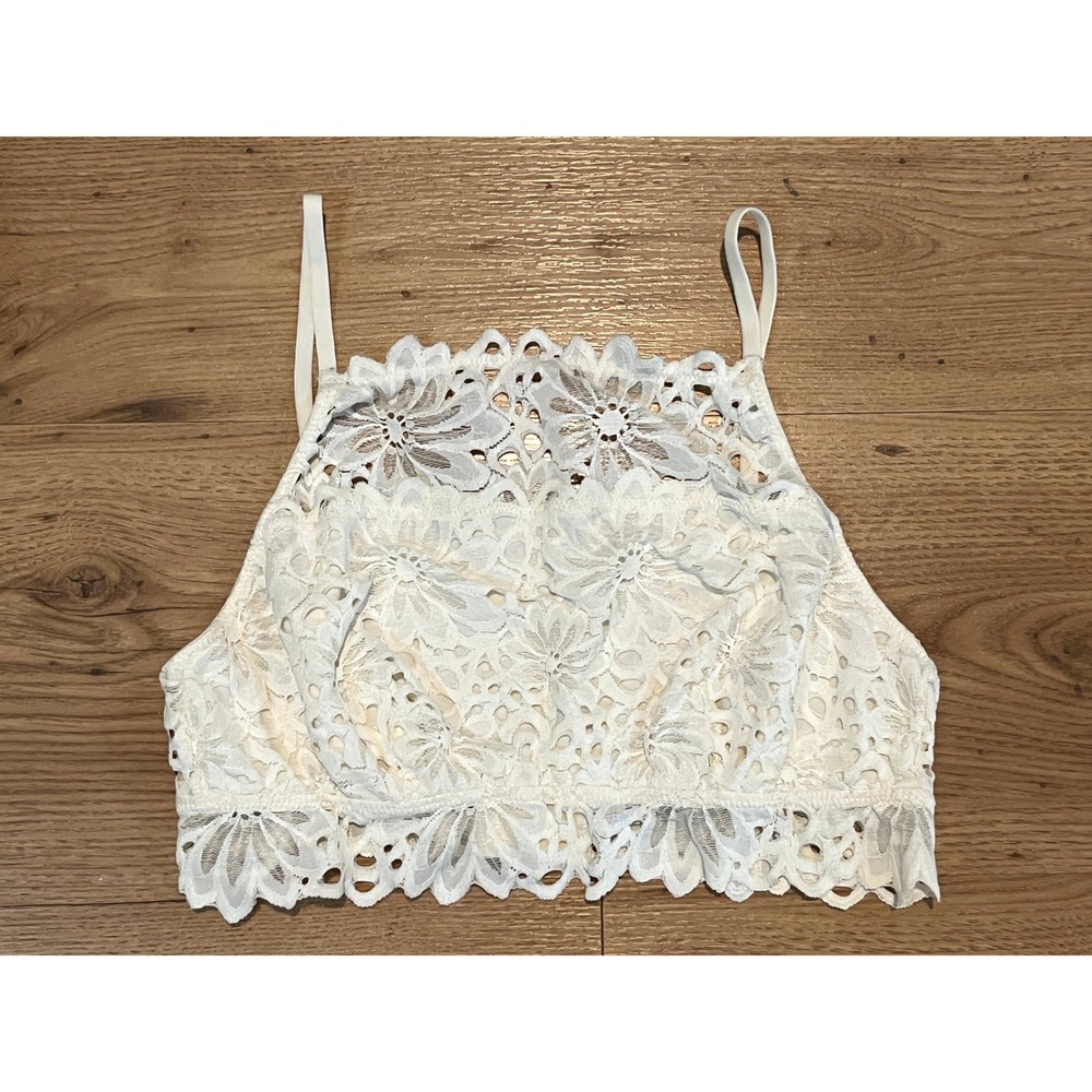 Aerie Floral Lace Bralette Medium High Neck Crop Top Boho Cream Festival Fairy